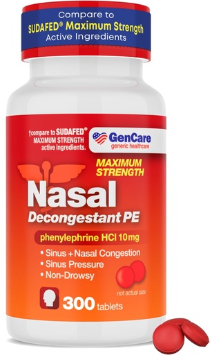 [BRSWYCQCOUBBUCY6] GenCare Nasal Decongestant PE – Phenylephrine HCl 10mg Tablets (Bulk 300 Count) Non-Drowsy Sinus Pressure Relief & Nasal Congestion Relief, Stuffy Nose Decongestants for Adults – Compare to Sudafed PE