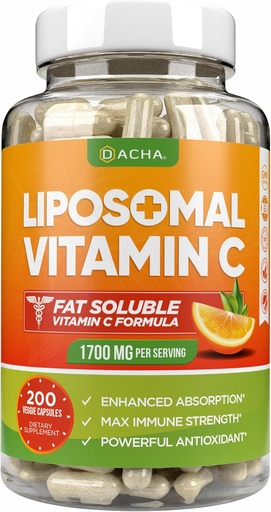 [BRSWGFQ3OJ5AYCTV] DACHA Natural Liposomal ויטמין C - 1700 מ"ג, 200 קפסולות, Immune System & Collagen Booster, High Absorption Fat Soluble VIT C, Buffered, ויטמין עור, Vegeterian, טבעוני טבעוני
