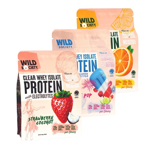 [BRSRAEA3CN5WOYL7] WILD SOCIETY - Top Flavor Multipack - Clear Whey Protein + Electrolytes - Refreshing Whey Protein Isolate Powder - 20g Protein, 0 Added Sugar, GMO-Free, Natural Flavors & Colors