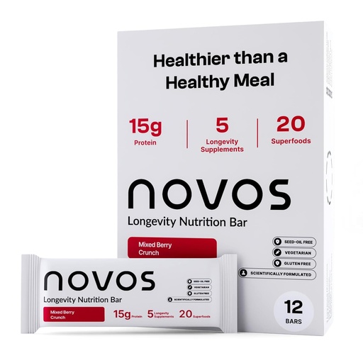 [BRSREHDRBMIGMFAZ] Novos Longevity Protein Bar | 15g Protein, 20 Superfoods, 5 Longevity Ingredients for Men & Women | Supports Skin, Mind & Mood | Mixed Berry Crunch (12-Pack)