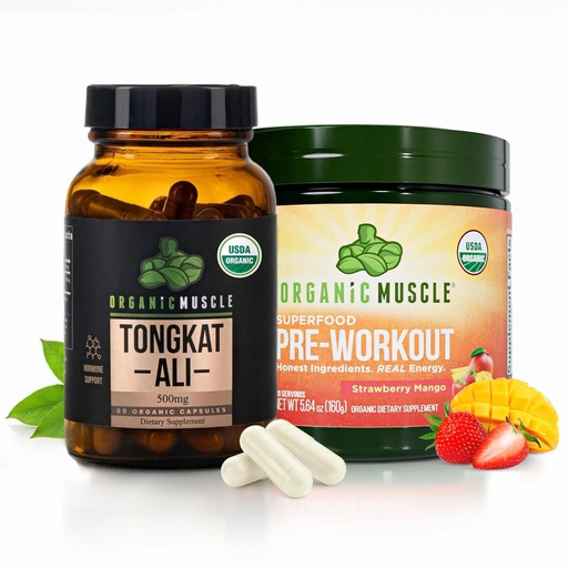 [BRSREC32AEAROGQZ] Organic Muscle Tongkat Ali 500mg & Strawberry Mango Pre-Workout Bundle | USDA Organic Energy, Strength & Vitality Support for Men | Natural Testosterone, Performance & Endurance Booster