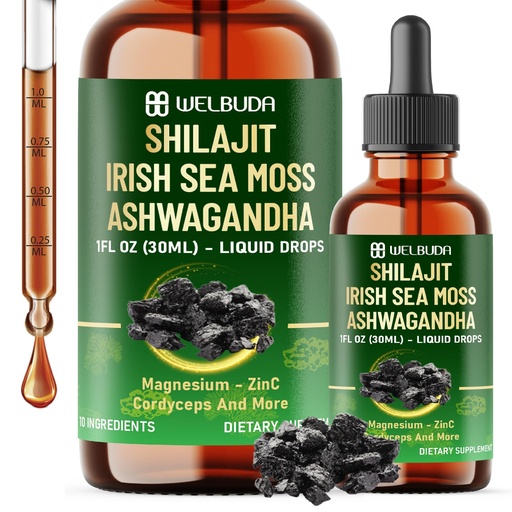 [BRSREFD5OZ7AIDLG] WELBUDA 10in1 Shilajit Liquid Drops with Magnesium, Zinc, Shilajit, Irish Sea Moss, Ashwagandha, Cordyceps Mushroom, Tongkat Ali, Stinging Nettle Root, Rhodiola Rosea - 1 FL Oz - 60 Day Supply