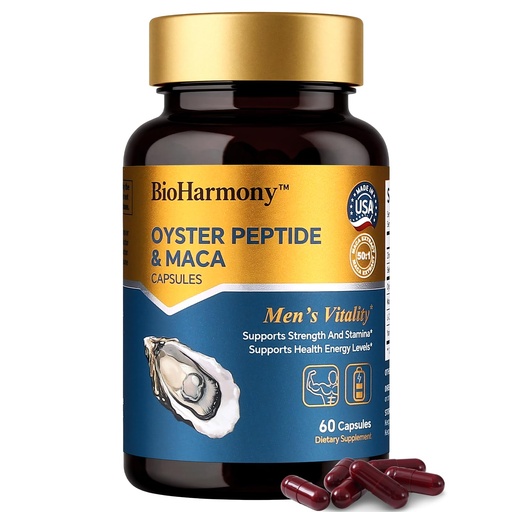 [BRSRGGLYOQNRYYI7] BioHarmony Oyster Peptide & Maca Capsules for Men – Oyster Peptide 300mg + Maca Extract 300mg+ L-Citrulline 140mg – Supports Energy, Stamina & Male Health– with Zinc & Selenium – 60 Capsules