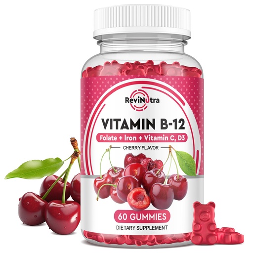 [BRSROCQZCECWEALZ] Vitamin B12 Gummies - 5000 mcg Methylcobalamin with Iron, Vitamin C, D3 & Folate, Energy Support and Metabolism, Immune, B-12 Complex Chewable Supplement for Men & Women, Vegan- 60 Count