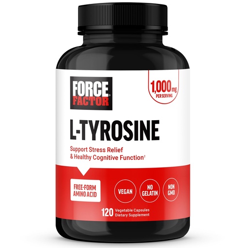 [BRSROHYRCQDWKA3F] Force Factor L Tyrosine Stress Relief Supplement, L-Tyrosine Brain Health Supplements for Adults, L-Tyrosine 500mg Capsules, Free Form, Vegan, No Gelatin, Non-GMO, 120 Capsules