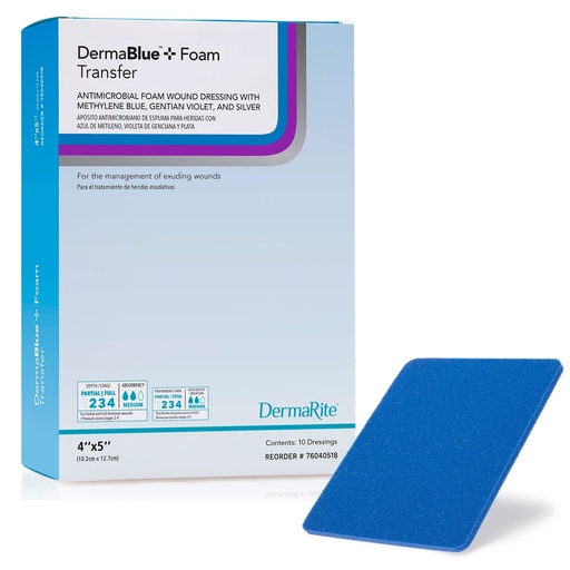 [BRSWYAQHBANR423P] DermaBlue+ Antimicrobial Foam Wound Dressing 4" x 5" x 1/4" - Conformable - with Methylene Blue, Gentian Violet and Silver - Broad Spectrum Antimicrobial and Antifungal Protection - 10 Pack