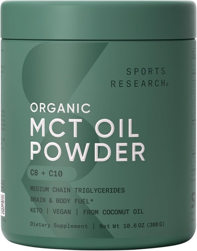 [BRSWECQ3BAFRA3TV] Sports Research Organic MCT Oil Powder - Keto & Vegan MCTs C8, C10 from Coconuts - Fatty Acid Brain & Body Fuel, Non-GMO & Gluten Free - Unflavored, Perfect in Coffee, Tea & Protein Shakes - 10.6 oz