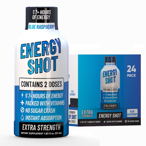 [BRSRABQ6OF7Q2CTA] Blue Raspberry Extra Strength Energy Shot 24 pk – 260mg Natural Caffeine B12 B6 – Energy & Focus Support – 2 Servings Sugar Free Zero Calorie Green Tea B-Vitamins Electrolytes Vegan – 1.93 fl oz