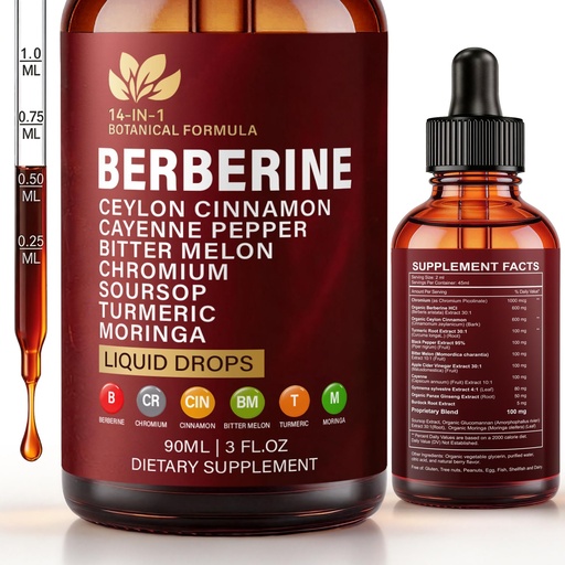 [BRSRGCABPN6WK2YU] 14-in-1 Berberine with Ceylon Cinnamon Supplement Liquid Drops, 1900mg Herbal Complex with Turmeric, Blank Papper, Bitter Melon for Metabolism, Digestive & Immune Support 45-Day Supply