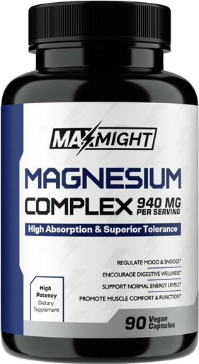 [BRSROYL7B54BE3TX] Magnesium Complex, 210 mg Elemental Magnesium, Glycinate, Citrate & Malate, Non-GMO, Max Absorption, Muscle, Mood, Energy, 90 Vegan Capsules