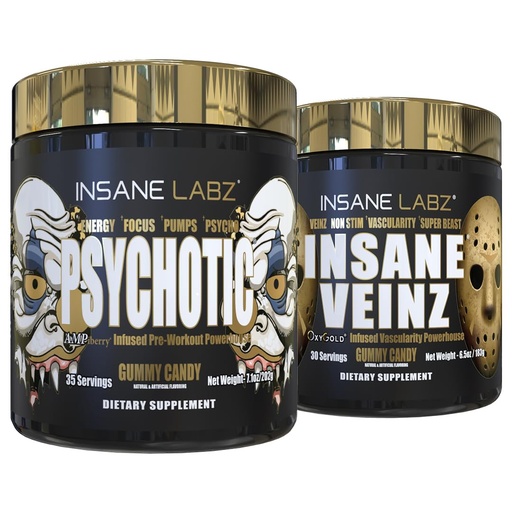[BRSWYAYHBMHBOCYZ] Insane Labz Psychotic Gold and Insane Veinz Gold Pre Workout Nitric Oxide Booster Stack, Increase Muscle Mass, Vascularity, Strength, Energy, Focus, Gummy Candy