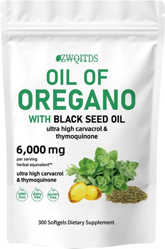 [BRSRAGQROUJQMFAU] ​Oil of Oregano with Black Seed Oil 2-in-1 Softgels 6000mg 300 Count Non-GMO Immune Support Herbal Formula