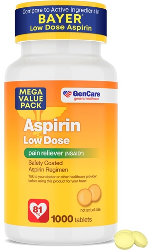 [BRSRAFIYC55RG3T5] GenCare Low Dose Aspirin 81mg Tablets – Bulk Value 1000 Count – Safety Coated Aspirin Regimen for Doctor-Directed Use – Pain Reliever and Heart Health Support – Generic for Bayer