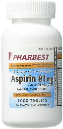 [BRSWIYD5BN4GG336] PHARBEST Aspirin 81mg - 1000 Tablets