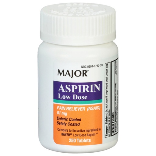 [BRSRAGQQAB4GYE3G] MAJOR Aspirin Low Dose 81 Mg - Pain Reliever (NSAID) - Enteric Coated - 250 Tablets