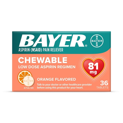 [BRSWIYL6DICRKAL2] Bayer Chewable Low Dose Aspirin 81 mg Tablets 36 Count Orange, Pack of 6