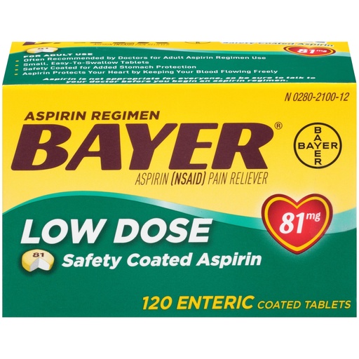 [BRSWIYQOAR4GMALO] Bayer Aspirin Regimen Low Dose 81mg Enteric Coated Pain Reliever Tablets, 120 Count