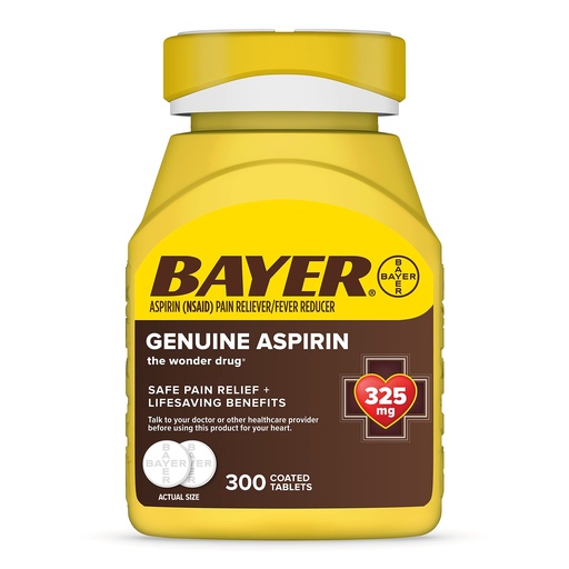 [BRSWYCQQOIFR4ALL] Bayer Genuine Aspirin 325 mg, Coated Tablets for Headache Relief, Multi-Symptom Pain Reliever and Fever Reducer, Pain Relief Tablets for Tooth and Muscle Pain, Backache, 300 Ct