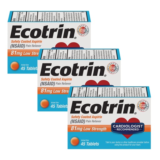[BRSWIYQ3B56QKHY7] Ecotrin Safety Coated Aspirin Pain Reliever Tablets, Low Strength, NSAID 81mg, 45 ct (Pack of 3)