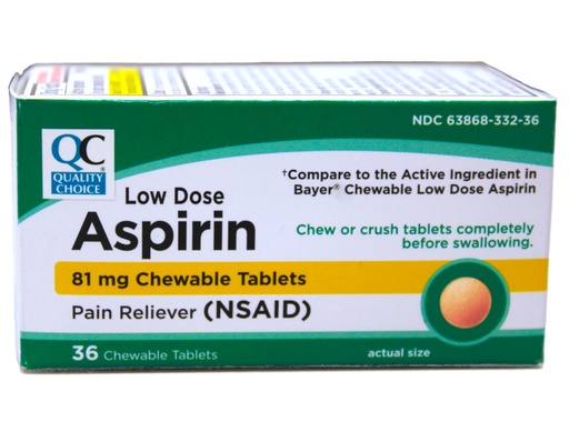 [BRSWGHALCF6BUYAZ] Quality Choice Children's Chewable Orange Flavored 81mg. Aspirin Tablet 36-Count Boxes (1)