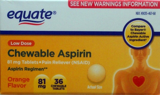 [BRSWIZI6A54GG2Q7] Equate Aspirin 81 Mg, Adult Low Dose, Orange Flavor, 36 Chewable Tablets, (Compare to Bayer Chewable Aspirin)