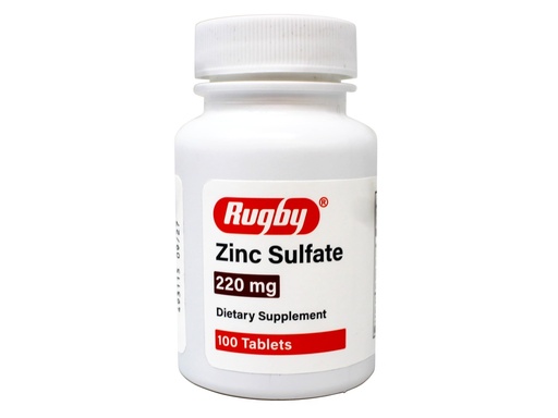 [BRSWKHQEBR6RG2D4] Rugby Zinc Sulfate 220 mg Tablets - Made with Zinc Sulfate Heptahydrate - Dietary Supplement - 100 Tablets