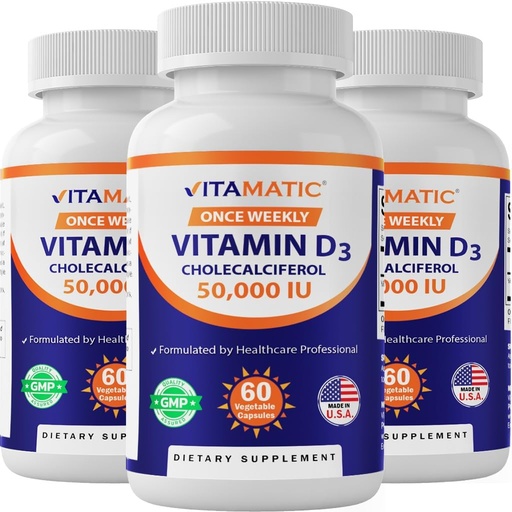 [BRSWYEI5OIPBEGYV] Vitamatic 3 Pack Vitamin D3 50,000 IU (as Cholecalciferol), Once Weekly Dose, 1250 mcg, 60 Veggie Capsules 1 Year Supply, Progressive Formula Helping Vitamin D Deficiencies