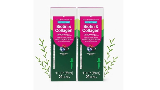 [BRSRGAAZCJ6R6D3V] Beauty Support Bundle – Liquid Biotin & Collagen Supplement, 15000 mcg per Serving, Sugar Free, Natural Berry Flavor, Hair Skin & Nails Support, 1 fl oz Bottles, Pack of 2