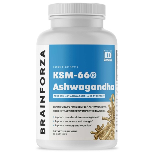 [BRSWIBT4AECQICDE] Brain Forza KSM-66 Ashwagandha Organic Pure Root Extract, Strongest 1,000mg Dose, High Potency 5% Withanolides, Hormone Health, Cognitive Support, Organic, Non-GMO, 90 Capsules