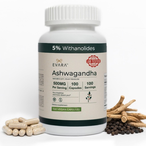 [BRSRAFT5OUCAY2AZ] EVARA 5% Ashwagandha Pills 500mg (100 count) - 100 Day Supply | High Potency Ashwagandha Root Extract with Black Pepper & 5% Withanolides | Organic Ashwagandha Powder, Vegan, Gluten Free GMP Certified