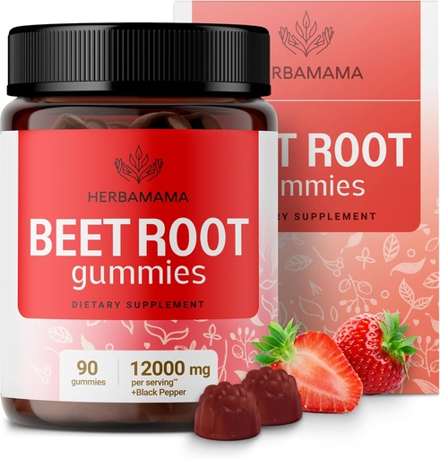 [BRSRMEIZOR4GK2T6] HerBAMAMA Beet Root Gummies - 12000mg Red Beets עם Black Pepper לחלץ תמיכה כוללת - טבעוני, non-GMO Antioxidant תוסף - 90 Pectin- Based Strawberry-Flavored Chews