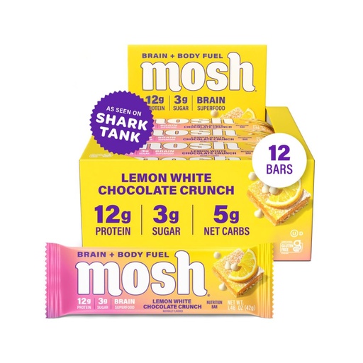 [BRSRMBAQAB6GA2Q7] MOSH Lemon White Chocolate Keto Protein Bars, High Fiber, Low Carb, Gluten Free, High Protein, Brain Healthy Snack, 12 Count
