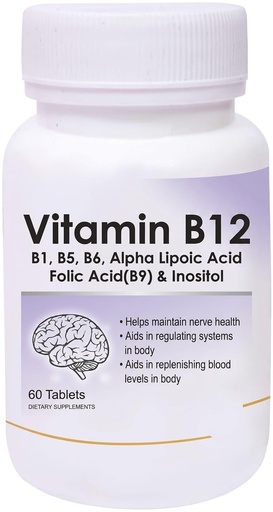 [BRSRAGLYCJYQ4GTZ] Vitamin B12 with B1, B5, B6, B9(Folic Acid), Alpha Lipoic Acid ALA & Inositol Supplements | Energy Management | Antioxidant | 60 Tablets