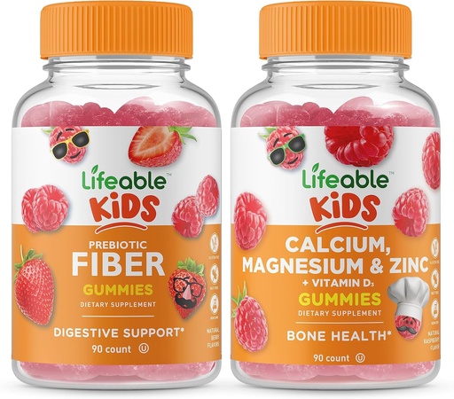 [BRSRMYIYCUPWAG37] Lifeable Prebiotic Fiber Kids + Calcium Magnesium & Zinc Kids, Gummies Bundle - Great Tasting, Vitamin Supplement, Gluten Free, GMO Free, Chewable Gummy