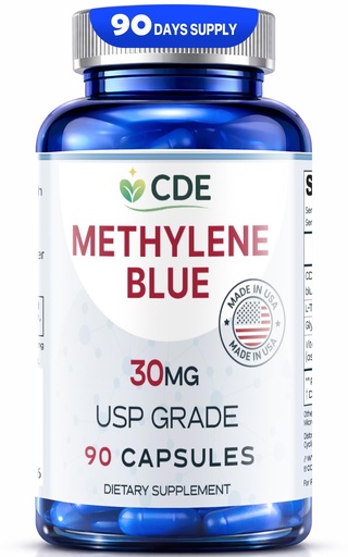 [BRSRGAYQDEMAY3IU] CDE Methylene Blue Capsules 30mg - Made in USA, 90 Days Supply - Pharmaceutical CDEMBC USP Grade, Third Party Lab Tested, Formaldehyde-Free, Non-GMO - Cellular & Cognitive Support