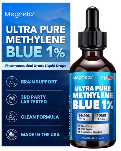 [BRSREZD3CUPWACA3] Ultra Pure Methylene Blue Pharmaceutical Grade 1% USP Drops, Brain Health Dietary Supplement for Humans,3rd Party Tested,No Formaldehyde, Made in USA, 2 Fl Oz (60 mL)