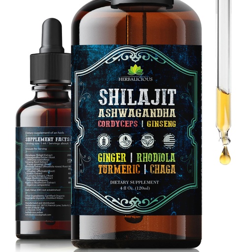 [BRSRAAT4AQARMFIZ] Shilajit Liquid Supplement with Ashwagandha, Cordyceps, Ginseng, Rhodiola, Turmeric, Chaga & Ginger – 8-in-1 Adaptogenic Herbal Drops for Energy, Stress Relief, Focus & Immune Support 4 fl oz