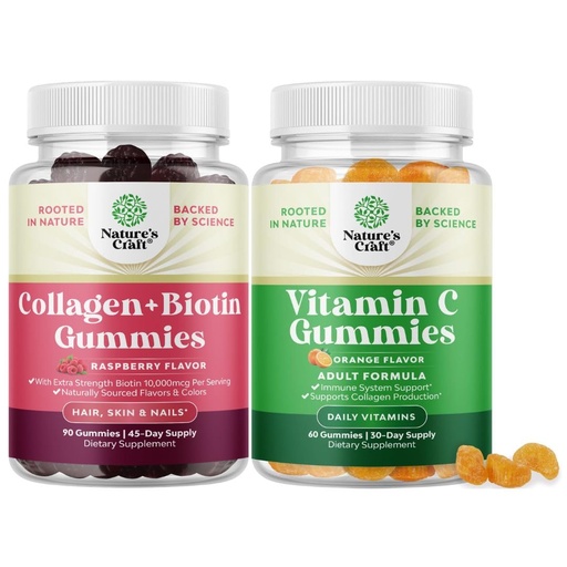 [BRSRAZD2BMGR4A3O] Bundle of Hair Skin and Nails Gummies - Extra Strength Biotin and Collagen 10000mcg per Serving and Chewable Vitamin C Gummies - Halal Ascorbic Acid Immune Booster & Natural Cold Remedy for Adults