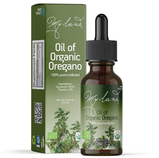 [BRSRMEANAQNQIA35] MY LAND Oil of Oregano, Organic Wild Greek, 82% Carvacrol, 10 ml | Pure and undiluted, steam-distilled from Mount Olympus oregano; high-potency, always dilute; about 180 servings