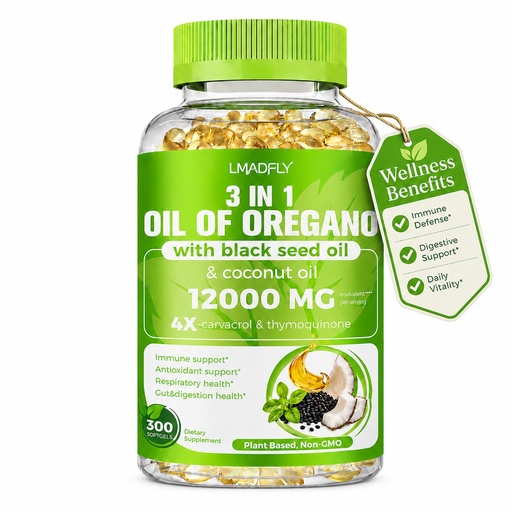 [BRSRGBTQOQCRMHL6] LMADELY Oil of Oregano Softgels with Black Seed Oil & Coconut Oil, 300 Count Small Softgels, 3-in-1 Oregano Extract Supplement, Non-GMO Herbal Formula for Daily Wellness