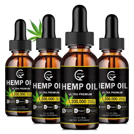 [BRSRMAT3CF6RUFAZ] (4-Pack) High Potency Hemp Oil - Maximum Strength, Immune System Support, Focus Calm, Relaxation, Mood, Pure Extract, Organic, Vegan, Non-GMO