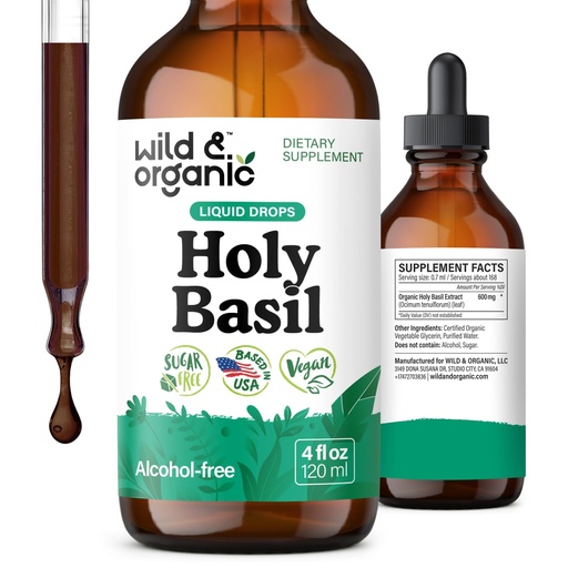 [BRSROY34DMPWAFD2] Wild & Organic Holy Basil Tincture - Relaxation & Calmness Support - Liquid Holy Basil Leaf Supplement - Tulsi Drops - Vegan, Sugar & Alcohol-Free Extract - 4 fl oz