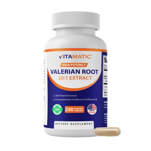 [BRSWYAARBUNBAADL] Vitamatic Valerian Root Extract 20:1 – Concentrated Botanical Extract Capsules – Non-GMO, Gluten Free – 240 Capsules