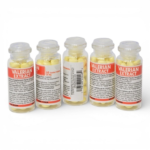 [BRSREGQBCN5QMYI2] Valerian Root Extract, 5 Glass Bottles, 50 Coated Tablets Each Bottle (20mg), 250 Tablets