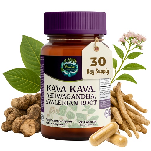 [BRSRGZQ2BF7AA2T3] Bula Natural Kava Kava Capsules - Natural Relaxation Adaptogen Blend - Kava Extract - Ashwagandha & Valerian Root - Vegan, Non-GMO, Gluten-Free - Stress Relief & Mood Support (60 Kava Capsules)