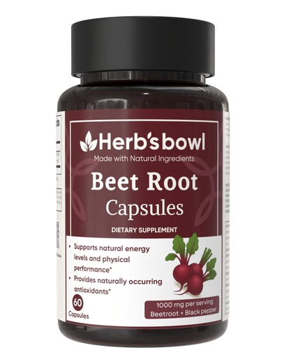 [BRSRGAINCUPBGCDB] Herb's Bowl Beet Root Capsules, Dietary Supplement with Black Pepper, 1000 mg per Serving, Natural Energy Support, 60 Capsules