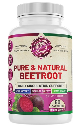 [BRSRGGI6AUGQYHI2] Organic Beetroot Plus | Supports Healthy Circulation, Heart & Energy | Organic Beetroot Powder 1300 mg | Gluten Free, Soy Free, Vegetarian | 60 Capsules | Made in The USA.