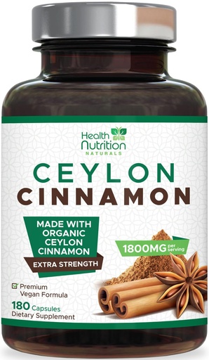 [BRSW2HYQOJYB4AL6] Ceylon Cinnamon Capsules - Organic Ceylon Cinnamon 1800mg Per Serving - Extra Strength, Certified Organic “True Cinnamon” Powder Formula - Sugar Free Supplement - Bottled in the USA - 180 Capsules