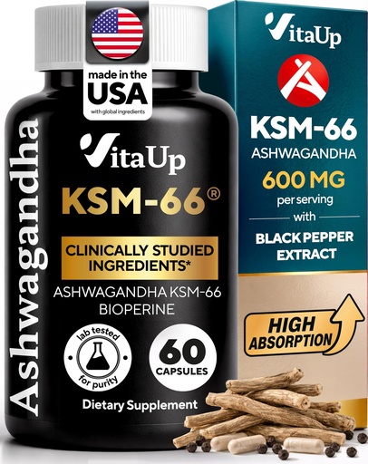 [BRSRGGANPJ5G23TL] VitaUp Ashwagandha KSM 66 with Black Pepper - USA Made KSM-66 Ashwagandha Supplements for Energy, Relaxation and Normal Cognitive Function - 60 Caps