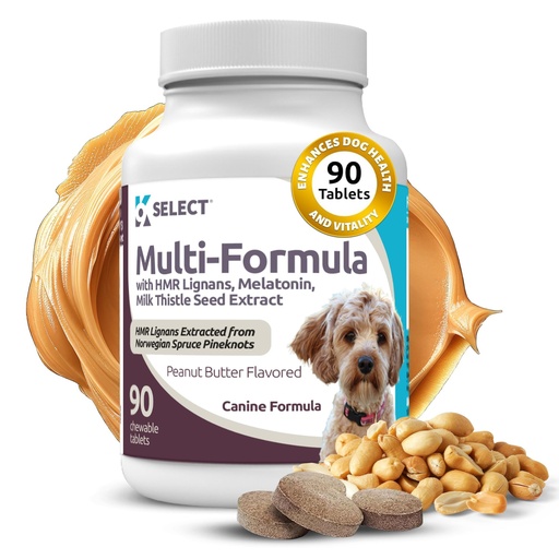 [BRSW2YALC4JWGADG] K9 Select Multi-Formula Dog Vitamins for Smaller Dogs - 10mg HMR Lignans, 1mg Melatonin, 20mg Milk Thistle - Helps Heart, Liver, Digestion, Skin & Coat Health, 90 Tablets, Peanut Butter Flavor